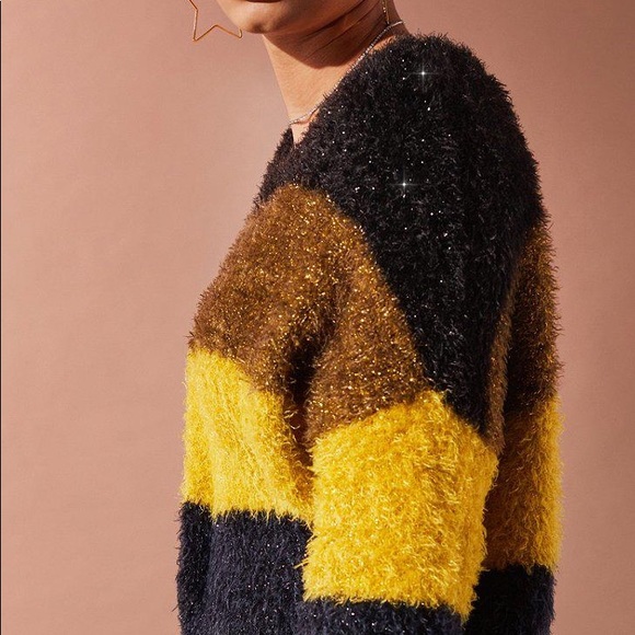 NWT UO Fuzzy Glitter Striped Sweater Navy Blue - Picture 5 of 5